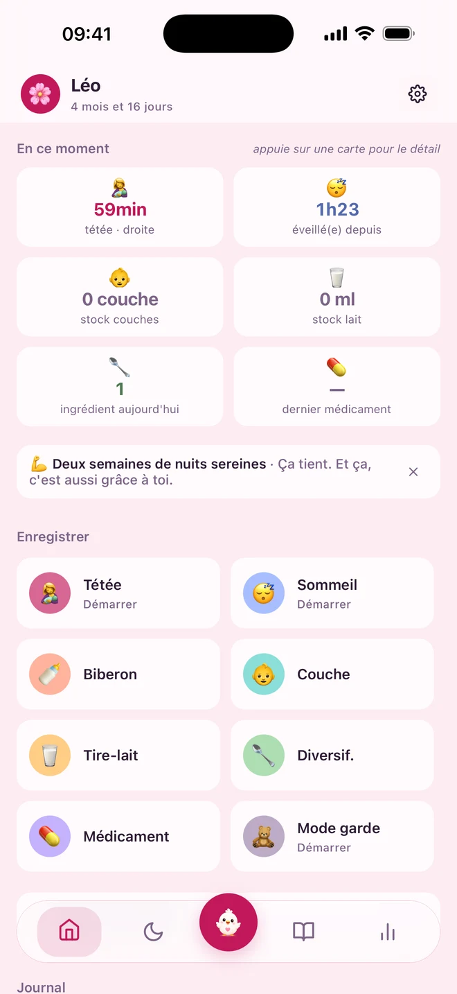 Écran d’accueil de Petit Nid, avec la dernière tétée, le temps d’éveil et les boutons pour enregistrer un biberon ou une sieste