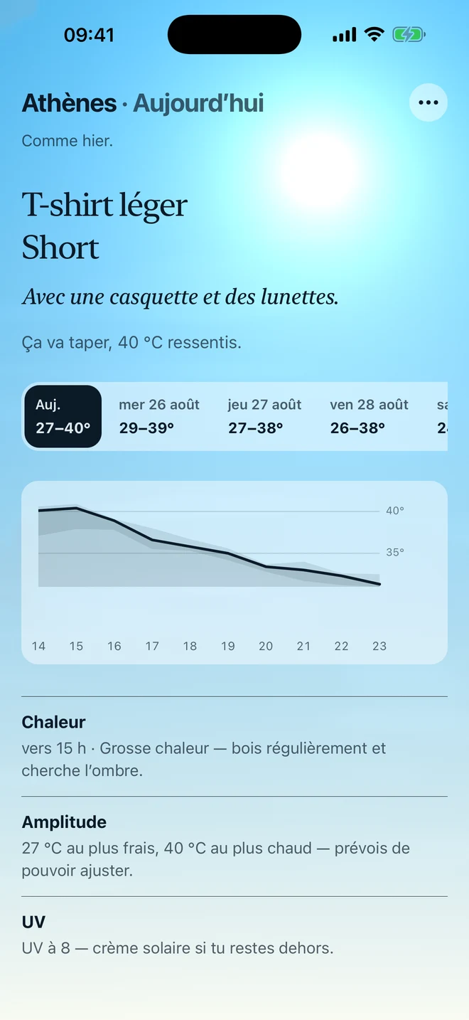 Écran de QuoiPorter, avec la tenue conseillée du jour, la température ressentie et les prévisions heure par heure